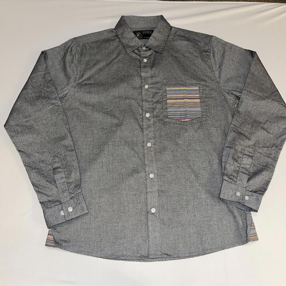 Republic Button Shirt Men's Size Large Gray Striped Pocket Workwear 100% Cotton